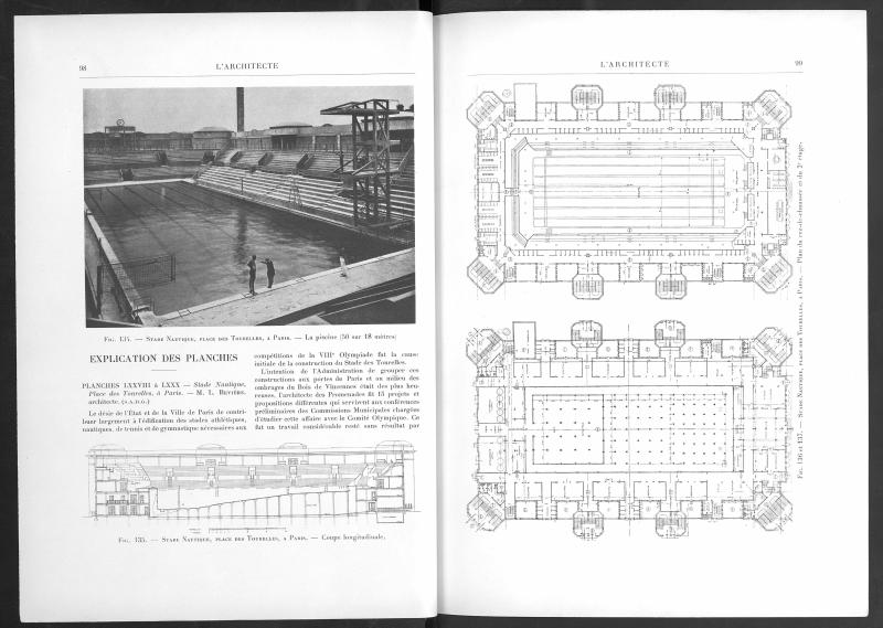 "Stade Nautique Place des Tourelles", L’Architecte, n° 12, 1924. pp. 98-101 et planches